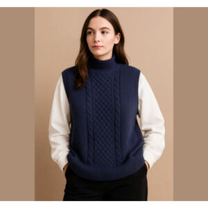 Loft Petite Cable Knit Mixed Sweater cotton blue white vest duo Academia Sz LP